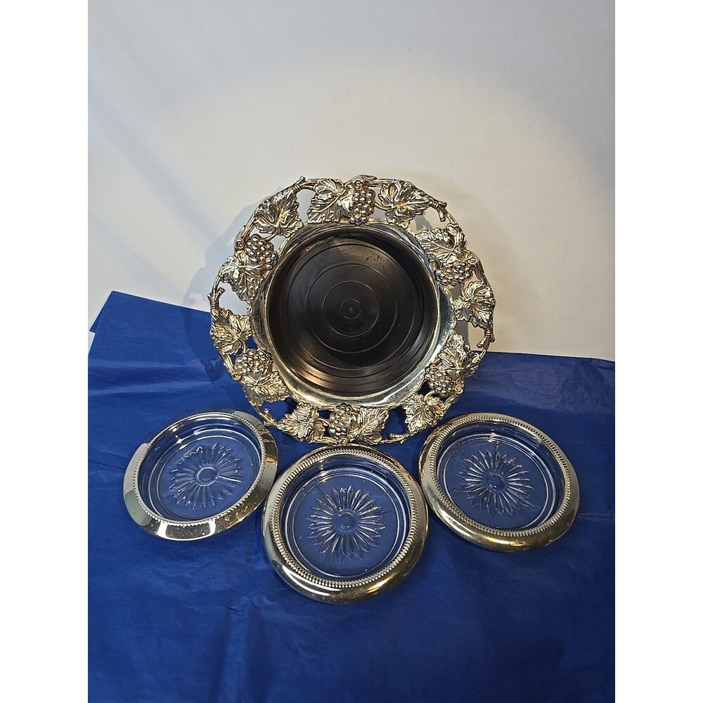 Vintage Godinger Wine Champagne Coaster Caddy Grapes & Leaves Silver Plated 1988